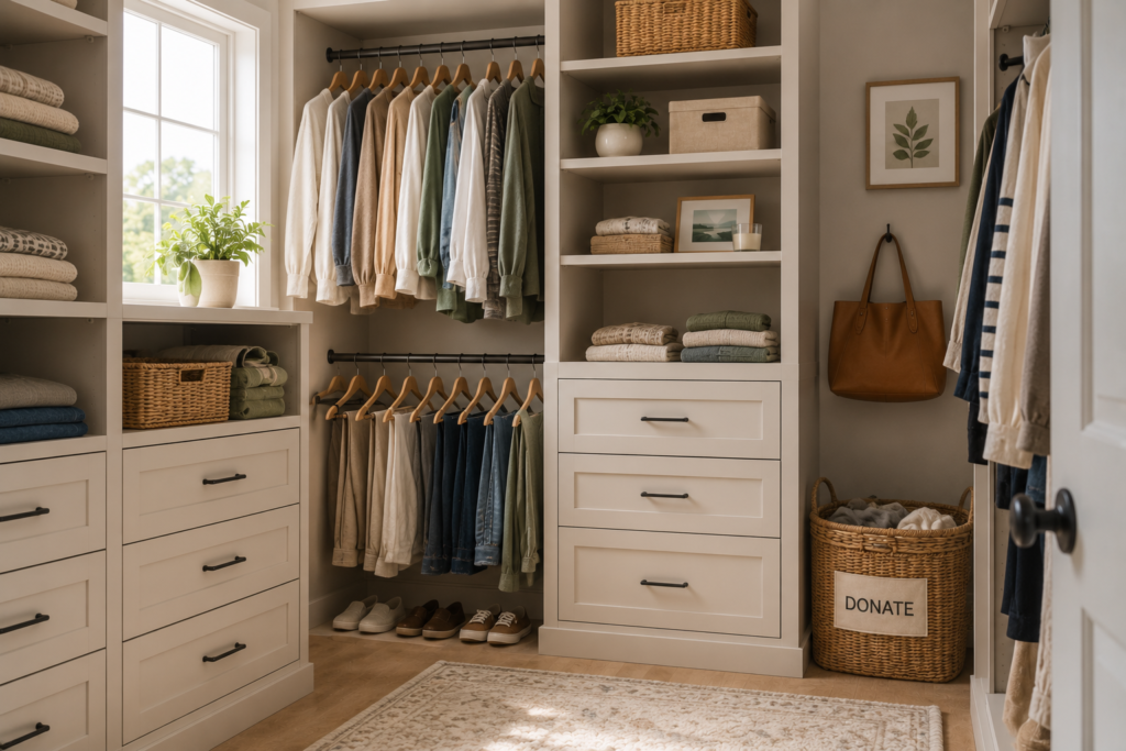 Organized closet with a woven donation basket for unwanted clothing, making ongoing decluttering simple and convenient.