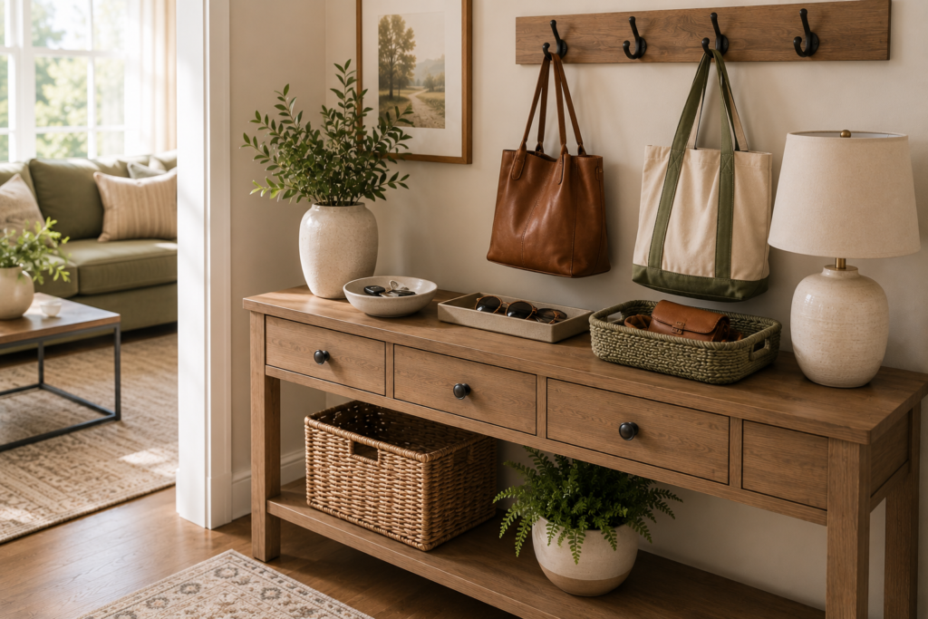 Organized entryway with a console table, key bowl, sunglasses tray, storage basket, and hooks for everyday bags.