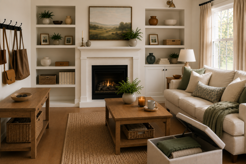 Calm and tidy living room with warm natural light, showing a comfortable and realistic home that feels organized and welcoming.