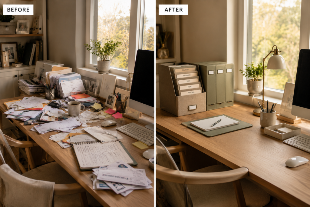 before and after organized workspace using simple solutions
