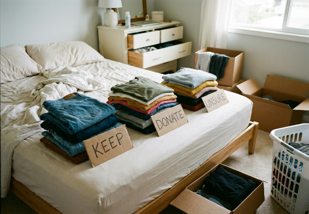 Decluttering clothes before organizing a small closet